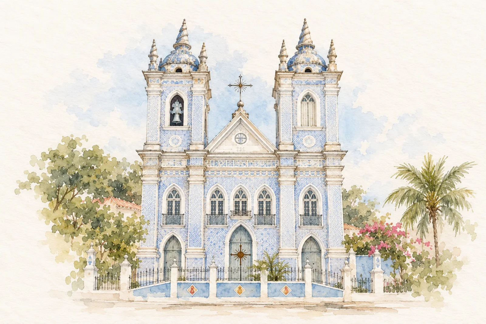 Aquarela completa da igreja que inspira a identidade do convite